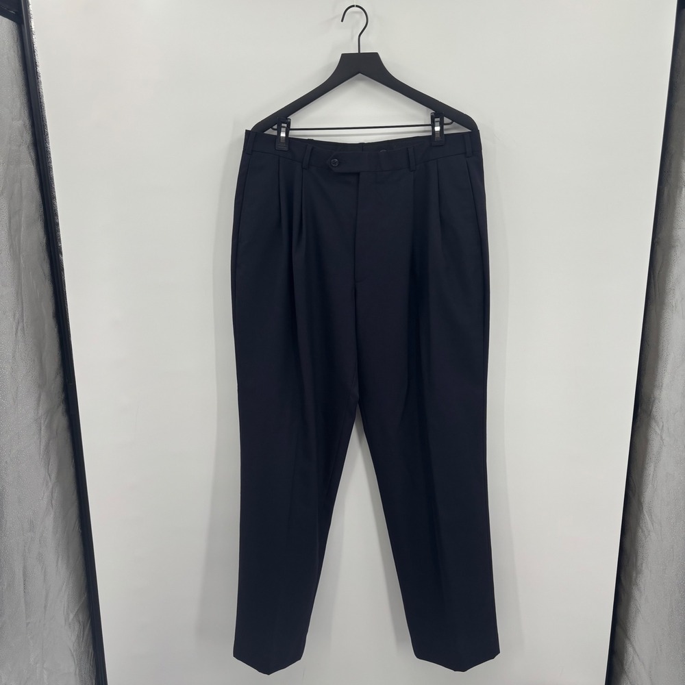 Lands End Wool Dress Pants Mens 37 Navy Blue Double Pleated Straight Leg Preppy